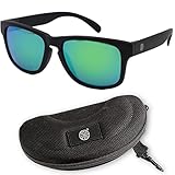 LMAB Schwimmende Polbrille, Polarisationsbrille zum Angeln, Modell Sclera verspiegelt mit Etui und Tasche, Farbe Black/Emerald Revo 91